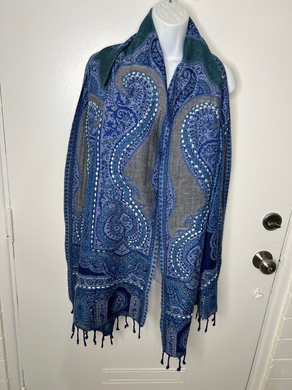 World Market Acrylic Blend Shawl Wrap Fringe Blue Grey Geometric ~ 80" by 28.5"